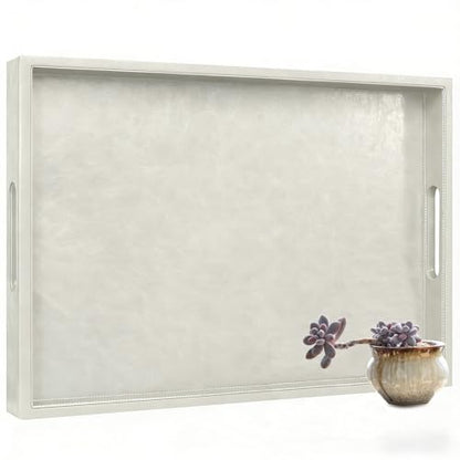 18 x 12 inches Leather Ottoman Serving Tray with Hole Handles, Rectangle Modern Service Tray for Living Room, Coffee Table, Bed, Tea, Food, Butler Countertop, Kitchen, Dinner, Picnic (White) - color: White, size: 18" x 12" x 2"