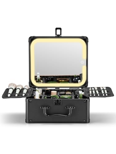 Qislee Makeup Box with Detachable Magnetic LED Mirror, Travel Train Case - color: Black, size: Small