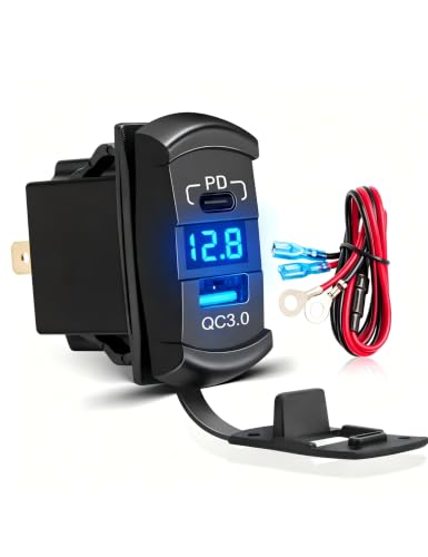 Anina USB C Rocker Switch On/Off Rocket Style Outlet 18W QC 3.0 USB A + 30W PD Charger with LED Voltmeter Display for 12V/24V RV Boat Motorcycle Marine ATV