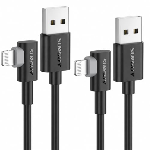 SUNGUY USB A to Lightning Cable Right Angle, 2-Pack 3FT 90 Degree iPhone Charger Cord for CarPlay, Gaming, Bedside & Daily Charging, for iPhone 14/13/12/11 Pro Max/XS Max/XR/XS, iPad, iPod - size: 3FT