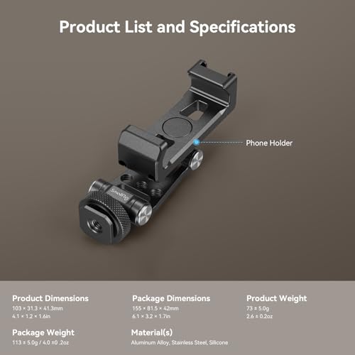 SMALLRIG Universal Metal Phone Support with Cold Shoe Mount, Smartphone Holder Adapter Support Free Adjustment Joints, Phone Tripod Mount for iPhone 17 16 15 14, for Samsung Galaxy etc. - 4382