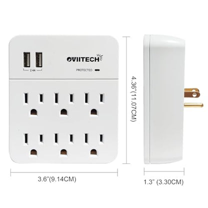 6 Outlet Extender Surge Protector Wall Mount Adapter with Dual 2.4A USB Charging Ports,Oviitech Multi Plug Outlets,6 AC Socket Outlet Splitter,900 Joules Surge Suppression,White, ETL Certified（2 Pack）
