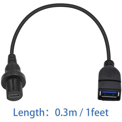 Duttek USB Type C to USB3.0 Panel Flush Waterproof Cable, USB 3.0 Female to Type C 3.0 Female Car Mount Dash Flush Waterproof Extension Cable for Car, Boat, Motorcycle (1FT/30CM) - style: USB C Feamle to USB 3.0 Female