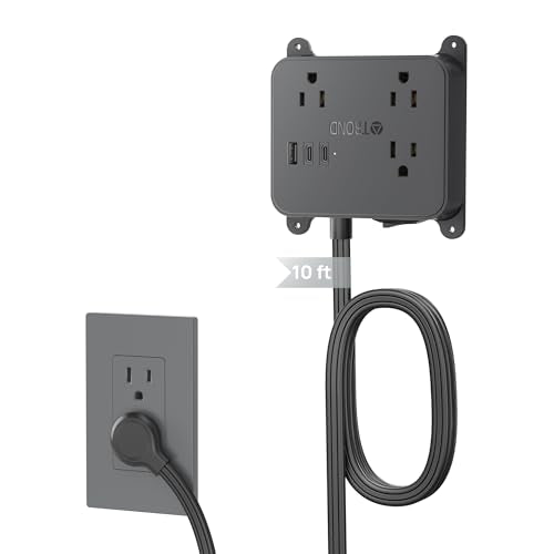 TROND Flat Plug Power Strip, 10FT Long Extension Cord with 3 AC Outlets - color: Black, size: 10 ft