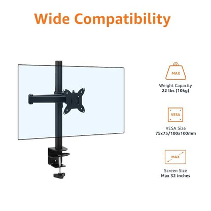 Amazon Basics Adjustable Single Monitor Arm Desk Mount, Holds up to 32" (38” Ultrawide) and 22 lbs, Adjustable Tension, VESA 75x75/100x100, Black - size: Single, style: AdjustableMonitorArm