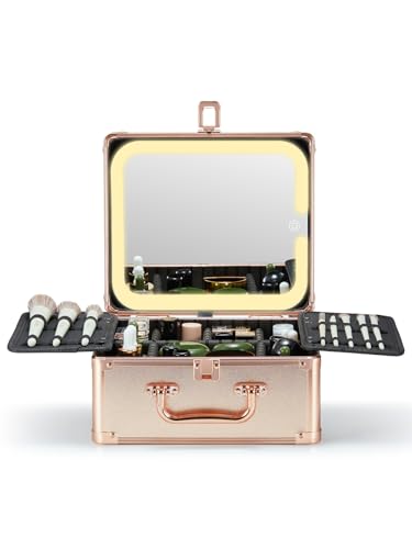 Qislee Makeup Box with Detachable Magnetic LED Mirror, Travel Train Case - color: Rose Gold, size: Small