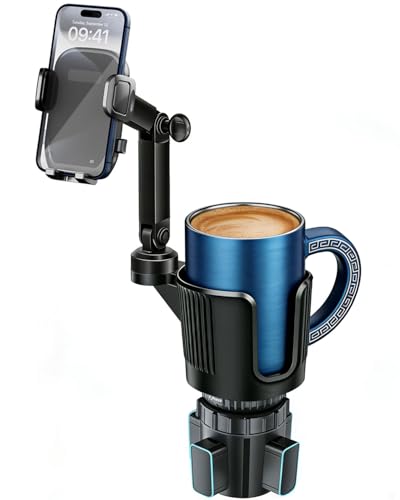 Cup Phone Holder for Car Cup Holder with Expandable Base, Detachable Dual Cellphone Holder Cupholder Car Mount with Long Arm Universal Fit iPhone and Large Bottle, for Truck SUV - color: Black