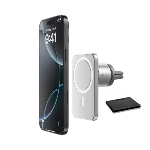 Belkin MagSafe Car Vent Mount Pro, Magnetic Phone Holder for iPhone 16/15/14/13/12, Secure Grip, Portrait & Landscape View, Cable Management, Air Vent Clip, Magsafe Compatible, Silver, Includes Cloth