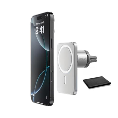 Belkin MagSafe Car Vent Mount Pro, Magnetic Phone Holder for iPhone 16/15/14/13/12, Secure Grip, Portrait & Landscape View, Cable Management, Air Vent Clip, Magsafe Compatible, Silver, Includes Cloth