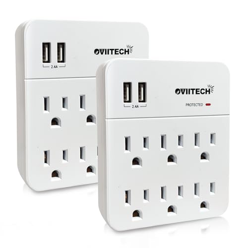 6 Outlet Extender Surge Protector Wall Mount Adapter with Dual 2.4A USB Charging Ports,Oviitech Multi Plug Outlets,6 AC Socket Outlet Splitter,900 Joules Surge Suppression,White, ETL Certified（2 Pack）