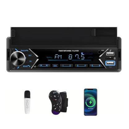 Single DIN Car Stereo Bluetooth Car Radio with FM/MP3/AUX Dual USB SWC Colorful Lights Phone Holder & Wireless MIC