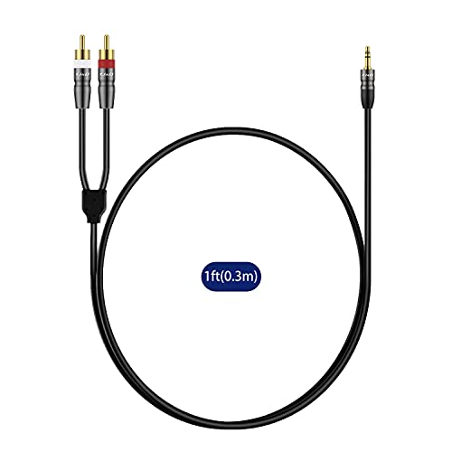J&D 3.5 mm to Dual RCA Male Stereo Audio Cable, Heavy Duty RCA Cable Gold Plated Copper Shell 3.5mm Male to 2 RCA Male Cable for Smartphone/MP3 Player/Tablet, 1 Feet - size: 1 Feet