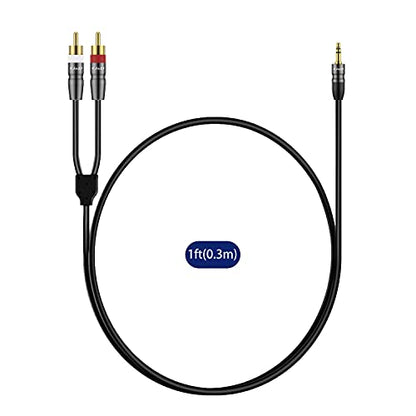 J&D 3.5 mm to Dual RCA Male Stereo Audio Cable, Heavy Duty RCA Cable Gold Plated Copper Shell 3.5mm Male to 2 RCA Male Cable for Smartphone/MP3 Player/Tablet, 1 Feet - size: 1 Feet