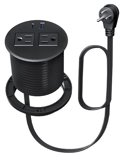 Desktop Power Grommet with 20W USB C Fast Charging, 3 inch Flush-Mount Recessed Power Strip for Desk,Office Tables,Furniture, Recessed Outlet 6FT Cord, 45° Thin Flat Plug, 2 USB Ports, Black