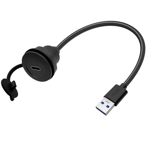 USB A 3.0 to USB C Panel Mount Extension Cable USB3.0 Male to Type C Female Threaded Fixed Mount Cable Embedded Waterproof Round Converter, 5V/2A 5Gbps, Black (0.3M/1Ft) - style: 0.3M/1Ft