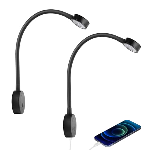 acegoo 12V LED Reading Light, RV Boat Bedside Reading Lamp, 12 Volt Flexible Neck Bed Light for Camper Van Trailer Truck Motorhome, Integral Switch & USB Charger（2 pcs） - color: Black - USB - 2Pcs