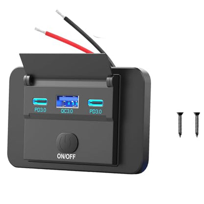 78W 12V USB Outlet Surface Mount Lightweight Dual USB C 30W and QC 3.0 18W Car USB Port, 12 Volt USB Cigarette Lighter Replacement Charger Socket Panel with Button Switch for RV Bus Marine Motorcycle - color: pack of one