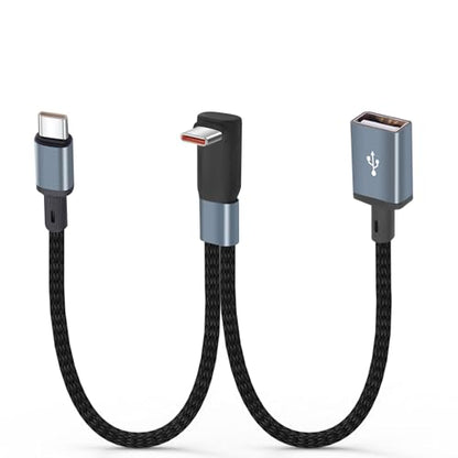 Right-Angle USB-C Splitter Cable 1-in-2-Out,Short USB-C Male to Type-C + USB-A Y-Splitter Cable,2-in-1 USB C Charging Extension Adapter Cable for Power Bank,Phone,USB Drive–24cm