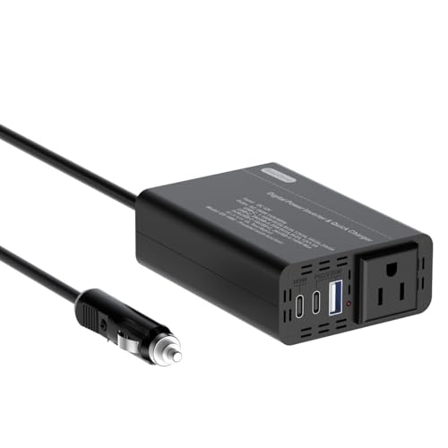 150W Car Power Inverter with 4 Ports for Multiple Devices Fast Charging,140W USB C, 12V to 110V AC Car Outlet Plug Adapter, Powerful Converter for Phone pad and Laptop Computer(Black)