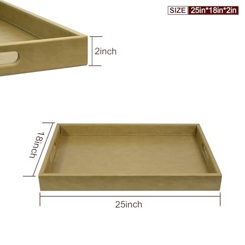 25x18 inches Leather Ottoman Serving Tray with Hole Handles, Rectangle Large Modern Service Tray for Living Room, Coffee Table, Bed, Tea, Food, Butler Countertop, Kitchen, Dinner, Picnic (Brown) - color: Brown, size: 25" x 18" x 2"