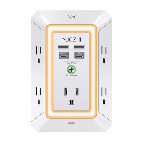 Multi Plug Outlet Surge Protector, NUOZHI 5 Outlets and 4 USB Ports(2 USB-C) and Night Light, 3-Sided Power Strip with Adapter Spaced Outlets for Home, Office, Travel, ETL Listed, White - color: White(Night Light), size: 5 Outlets