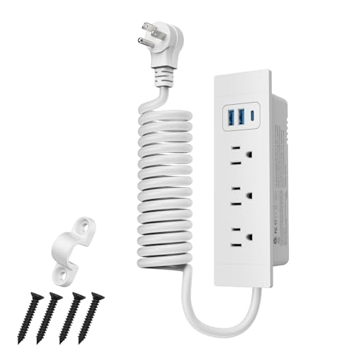 Furniture Drawer Outlet (ETL Listed), Tamper-Resistant Design AC Outlets,Recessed Power Strip with 3 PD 20W USB Ports Fast Charging & 3 AC Outlets, 5 FT Spring Cord (Whate)