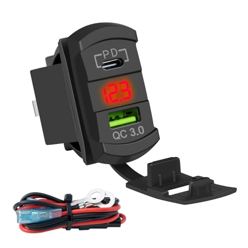 FXC Rocker Switch Style USB Charger With 10A Fuse for Panel - 4.2A PD Type C 12V 24V Fast Quick Charge Socket Dual Charging Port for Car Boat ATV UTV (Type C + USB Voltmeter Red) - style: Type C + USB Voltmeter Red