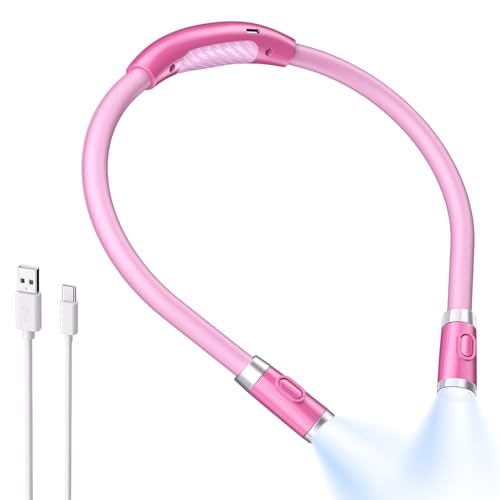 LUXJET Neck Reading Light & Book Light for Reading in Bed - Hands Free, 6 Brightness Levels, 360° Flexible Arms, 80-Hour Rechargeable - Reading, Knitting, Camping, Repairing (Pink-new) - color: Light Pink, size: Single Color: Cold White