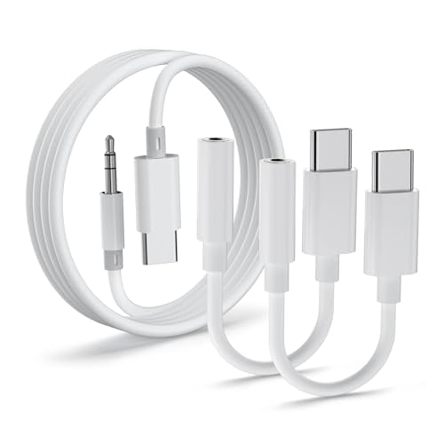 USB C to 3.5mm 오디오 어댑터 2팩 및 1.2m(4피트) Aux 코드, USB C to Aux 케이블 자동차 스테레오 헤드폰 잭 어댑터 아이폰 17/16/15, 삼성 S25 S24 S23, 픽셀, 아이패드, 맥북, 타입 C to 오디오 동글과 호환
