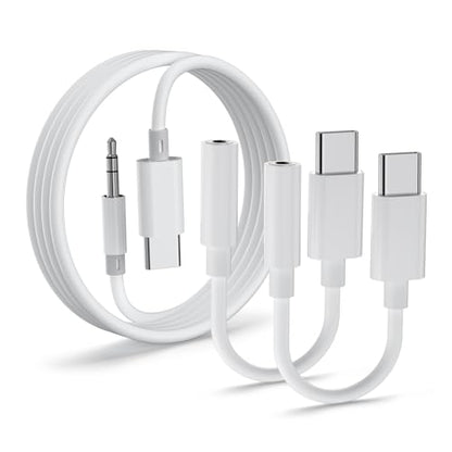 USB C to 3.5mm 오디오 어댑터 2팩 및 1.2m(4피트) Aux 코드, USB C to Aux 케이블 자동차 스테레오 헤드폰 잭 어댑터 아이폰 17/16/15, 삼성 S25 S24 S23, 픽셀, 아이패드, 맥북, 타입 C to 오디오 동글과 호환