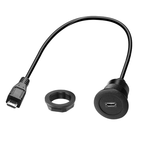 QIANRENON Micro USB Threaded Fixed Mount Charging Short Cable Adapter Micro USB Male to Female Flush Mount Data Connector Cable 480Mbps 5V 2A, Dashboard Car RV Boat Desktop, 30cm/11.8in