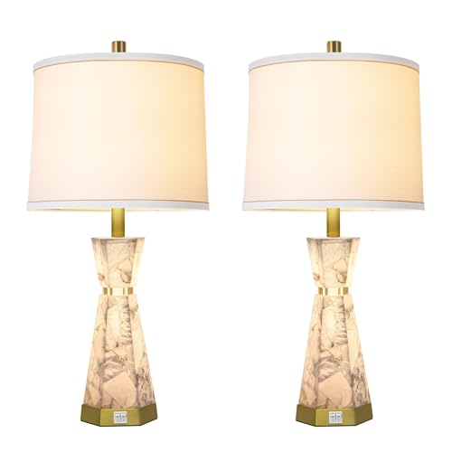 Scenekoy 27" Modern Alabaster Table Lamp Set of 2 with Night Light, USB A+C - color: White
