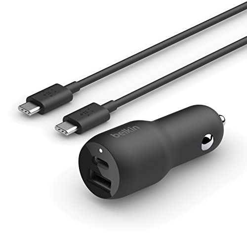 Belkin 37W Dual Port Fast Car Charger with 3.3ft USB-C Cable Included, USB-C 25W PPS Port and USB-A 12W Port for Galaxy S23, S23+, Ultra, Note20, iPhone 14, 13, 12, 11, Pro, Max, Mini and More - size: Pack of 1, style: Dual USB-A & C 37W + USB-C Cable