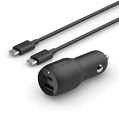 Belkin 37W Dual Port Fast Car Charger with 3.3ft USB-C Cable Included, USB-C 25W PPS Port and USB-A 12W Port for Galaxy S23, S23+, Ultra, Note20, iPhone 14, 13, 12, 11, Pro, Max, Mini and More - size: Pack of 1, style: Dual USB-A & C 37W + USB-C Cable