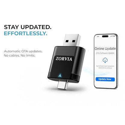 ZORVIA Wireless CarPlay Adapter for iPhone & Android Auto 2026 Upgraded - Convert Wired CarPlay to Wireless, Fast Auto Reconnect, Plug and Play, USB-C & USB-A (Black) - color: Black