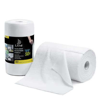 LIVOS Microfiber Cleaning Cloth Roll - 80 Pack, Reusable Paper Towels, White Tear Away, Microfiber Towels for Car, Super Absorbent Lint Free Cleaning Rags for House, Kitchen,Window- 11.5"x11.5" - color: White