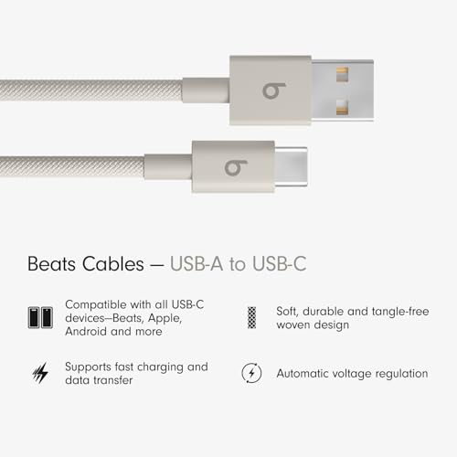 Beats USB-A to USB-C Woven Cable Fast Charging Durable and Tangle-Free Design Compatible Charger for Apple & Android Devices (1.5 m, 5 ft) - Surge Stone - color: Surge Stone, size: 5 ft, style: USB-A to USB-C