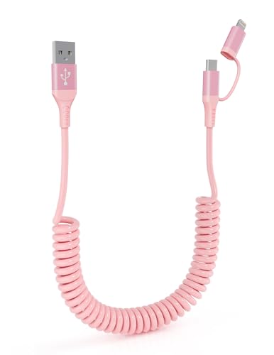 USB to Lightning and USB C Cable 2 in 1 Coiled Pink iPhone Charger - Pink Car Charger Lightning USB C Combo Cable Support Apple Carplay & Android Auto & Data, for iPhone 16 15 14 13 12 11 Android - color: Pink