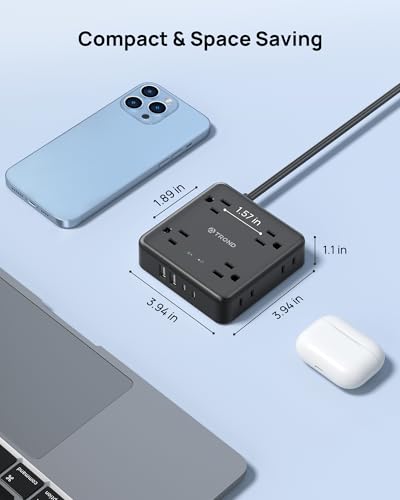 TROND 360° Rotating Flat Plug Power Strip 5ft, 8 AC & 4 USB (2U2C), Black - color: Black, size: 5FT, style: Rotating Plug-2U2C