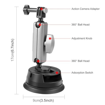 Suction Cup Camera Mount Magic Arm with 360° Rotation Car Mount on Windshield & Dash for Insta360 X5/X3/X4,Compatible with GoPro/DJI/Canon/Nikon/Sony/iPhone - size: 3.5" Suction Cup
