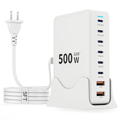 500W GaN USB C Charger Block Charging Station 8 Port Fast Charger Block with Dual 100W PD USB-C Fast Charging Station Hub Compatible with iPhone 17/16 15/14/13/Pro Max/MacBook Pro/Air/All iPad (White)