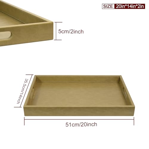 20 x 14 inches Leather Rectangle Serving Tray with Hole Handles,High-End Light Large Service Tray for Ottoman Tray, Tea, Food, Butler - Countertop, Kitchen,Family Dinner, Picnic (Brown) - color: Brown, size: 20" x 14" x 2"