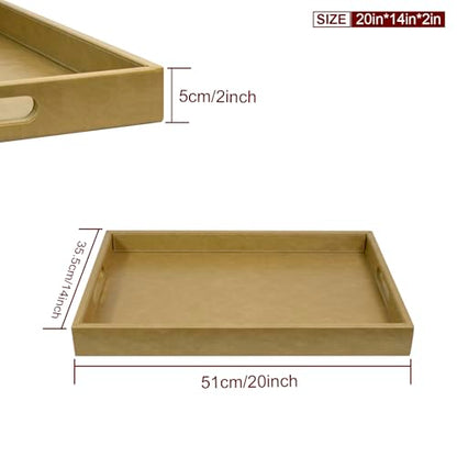 20 x 14 inches Leather Rectangle Serving Tray with Hole Handles,High-End Light Large Service Tray for Ottoman Tray, Tea, Food, Butler - Countertop, Kitchen,Family Dinner, Picnic (Brown) - color: Brown, size: 20" x 14" x 2"