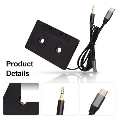 Yoidesu Car Cassette to AUX Adapter, Universal 4 Channel Output Cassette Tape Converter with 3.5mm Type C Auxiliary Cable, for Smartphones MP3 Players Car Stereos