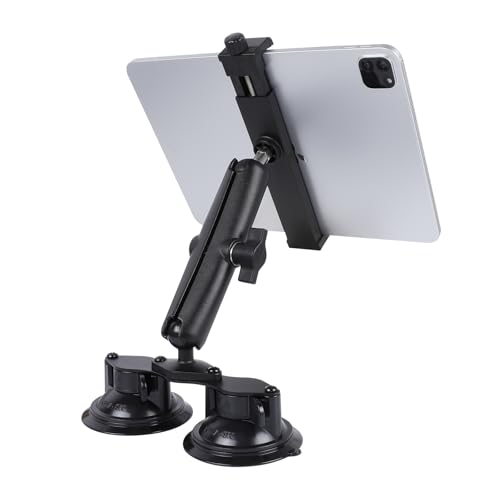 Tablet Mount with Dual Suction Cup Base for Truck Car Windshield, Aluminum Arm Heavy Duty Tablet Suction Holder for Window, Compatible with iPad Pro 12.9" Air Mini 6.5-13" Tablets