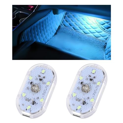 2 PCS Car LED Lights Interior Wireless, Super Bright Auto Interior Ambient Light with 6 Bright LED Lamp Beads, Portable USB Rechargeable Car Led Night Light for Vehicle Decor(Ice Blue)