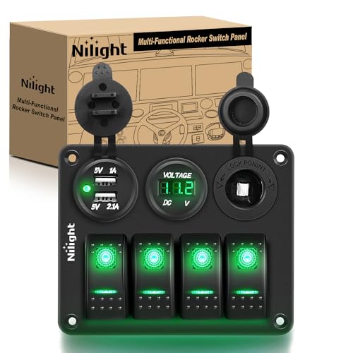 Nilight 4 Gang Rocker Switch Panel SPST On Off 12 Volt Toggle Green - color: Green, size: 4+3 Gang Dual USB