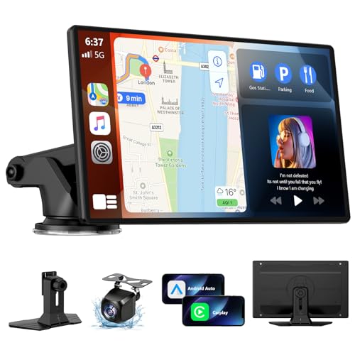 Wireless CarPlay Screen for Car, 9 Inch Portable Touchscreen for Apple CarPlay & Android Auto, Plug & Play, OTA Updates, Backup Camera & Screen Mirroring, Voice Control, GPS, Bluetooth 5.0, FM/AUX