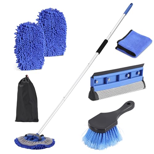 Car Wash Brush with Long Handle, 60'' Car Wash Mop, 7Pcs Chenille Microfiber Cars Washing Kit with Window Squeegee/Microfiber Towels /Wheel Brush for Cars RV Truck Boat Floor Window, Blue - color: Blue