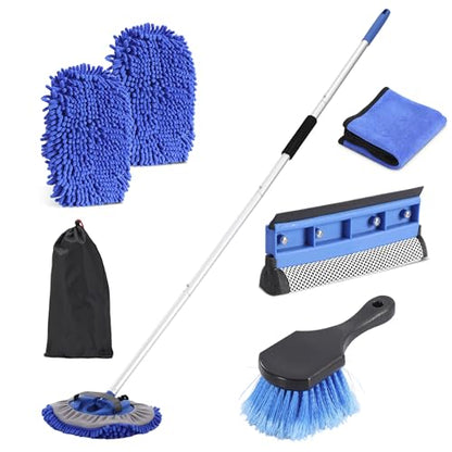 Car Wash Brush with Long Handle, 60'' Car Wash Mop, 7Pcs Chenille Microfiber Cars Washing Kit with Window Squeegee/Microfiber Towels /Wheel Brush for Cars RV Truck Boat Floor Window, Blue - color: Blue